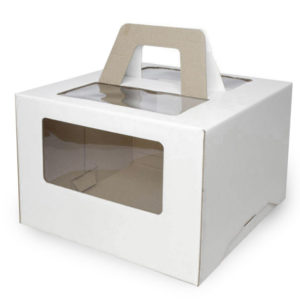 Škatla za torto z oknom, z ročaji 240x240x200 mm mikro valovit karton bela (25 kos/pak)