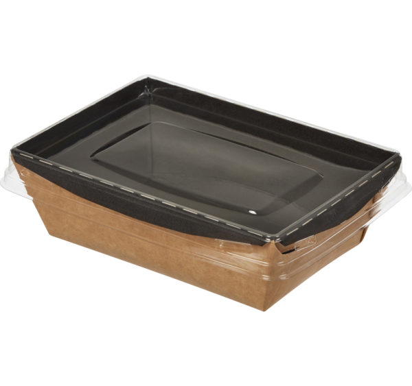 Papirnata posoda s pokrovom Crystal Box 400 ml 145x95x45 mm, črna / kraft z ravnim dnom (450 kos/pak)