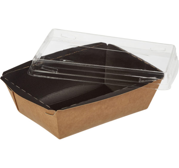 Papirnata posoda s pokrovom Crystal Box 400 ml 145x95x45 mm, črna / kraft z ravnim dnom (50 kos/pak)