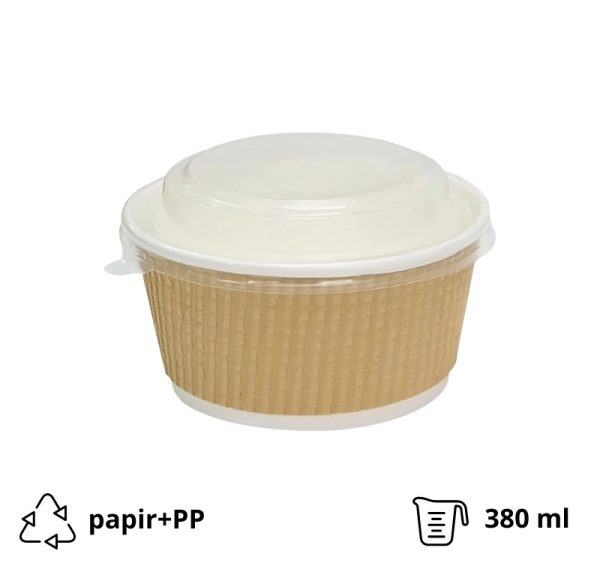 Papirnata posoda Tambien ECO 380 ml d=110 mm h=60 mm gofriran/hrapav kraft, pikčasta s pokrovom [25 kos/pak]