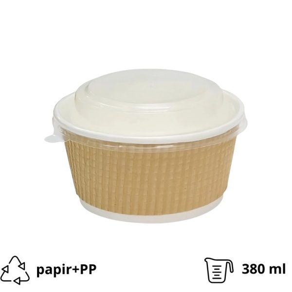 Papirnata posoda Tambien ECO 380 ml d=110 mm h=60 mm gofriran/hrapav kraft, pikčasta s pokrovom [25 kos/pak]