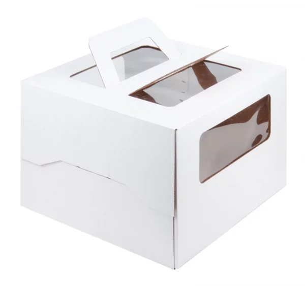 Škatla za torte 260х260х200 mm z oknom, z ročaji do 2-2,5 kg, karton, bela (25 kos/pak)