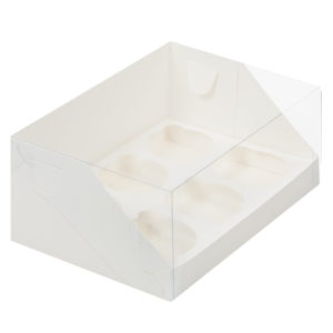 Škatla za 6 cupcakese s plastičnim pokrovom 235x160x100 mm bela (50 kos/pak)