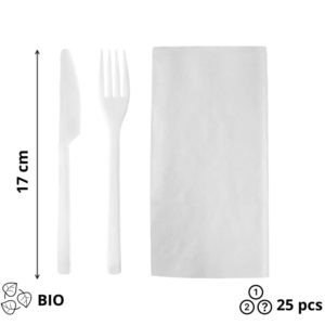Komplet 3 beli Bio vilica, nož, servieta 25 kos