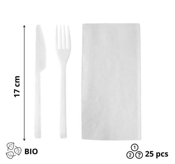 Komplet 3 beli Bio vilica, nož, servieta 25 kos