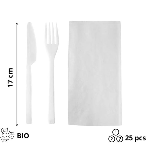 Komplet 3 beli Bio vilica, nož, servieta 25 kos