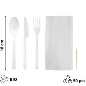 Komplet 5 beli Bio : vilica, nož, žlička, zobotrebec, servieta 50 kos