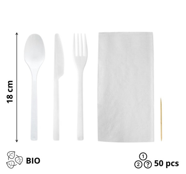 Komplet 5 beli Bio : vilica, nož, žlička, zobotrebec, servieta 50 kos
