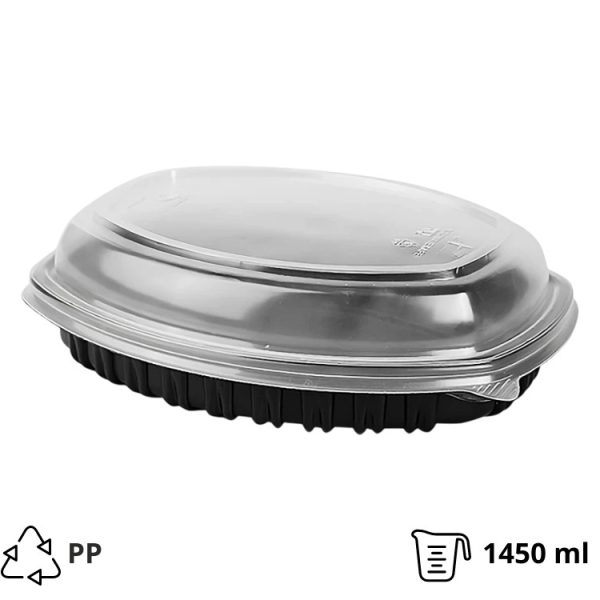 Posoda PP 1450 ml 257х202×37 mm črna, s pokrovom, 70 kos