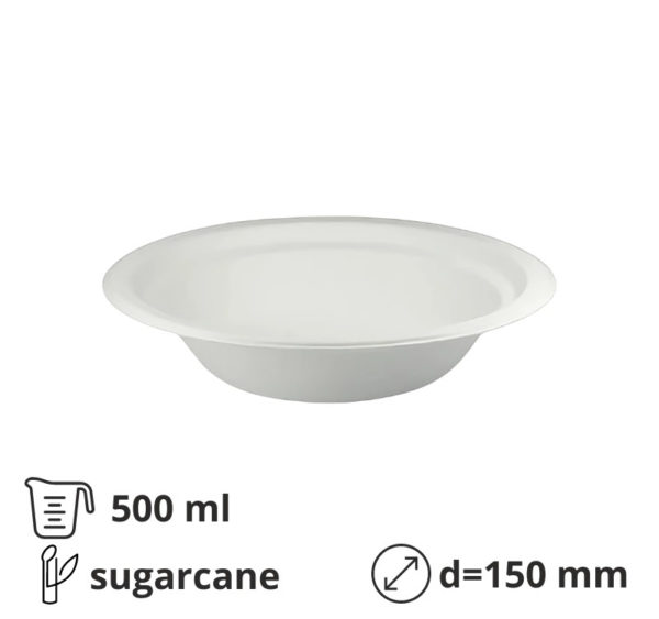 Krožnik BIO (sugarcanes) globoko 500 ml d=150 mm bele [50 kos/pak]