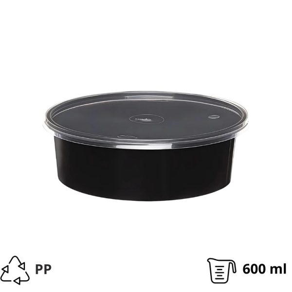 Posodica PP 600 ml d=145 mm h=46 mm črna s pokrovom [50 kos/pak]