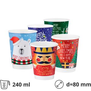 Papirnati kozarci 240 (280) ml d=80 mm 2-slojni Christmas Mix 5 modelov, 25 kos [4 kos/pak]