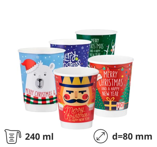Papirnati kozarci 240 (280) ml d=80 mm 2-slojni Christmas Mix 5 modelov, 25 kos [4 kos/pak]