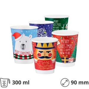 Papirnati kozarci 300 (360) ml d=90 mm 2-slojni Christmas Mix 5 modelov, 25 kos [4 kos/pak]