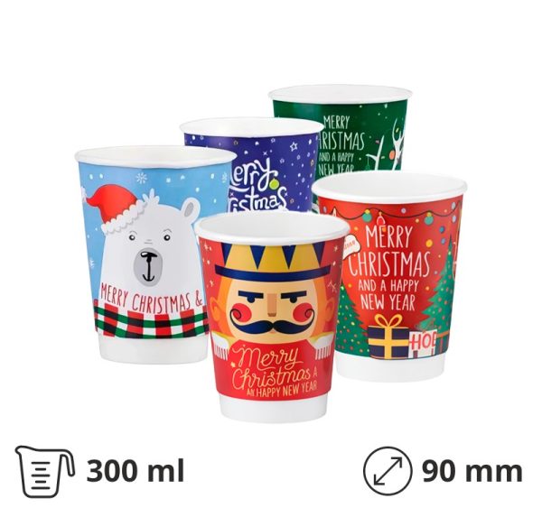 Papirnati kozarci 300 (360) ml d=90 mm 2-slojni Christmas Mix 5 modelov, 25 kos [4 kos/pak]