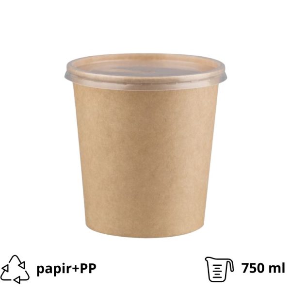 Papirnata posoda s pokrovom 750 ml d=115 mm h=116 mm, kraft, komplet, 50 kos