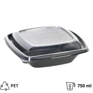 Posodica PET s pokrovom 750 ml 185x185x45 črna, 50 kos (komplet)