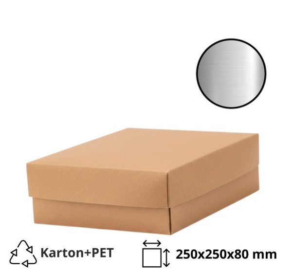 Škatla s pokrovom za sladice 25x25x8 cm KRAFT (notranja metalizirana  Pet) [14 kos/pak]