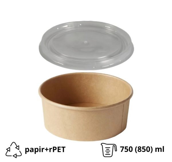 Papirnata posoda s pokrovom 750 (850) ml d=145 mm h=70 mm, kraft, 50 kos (komplet)