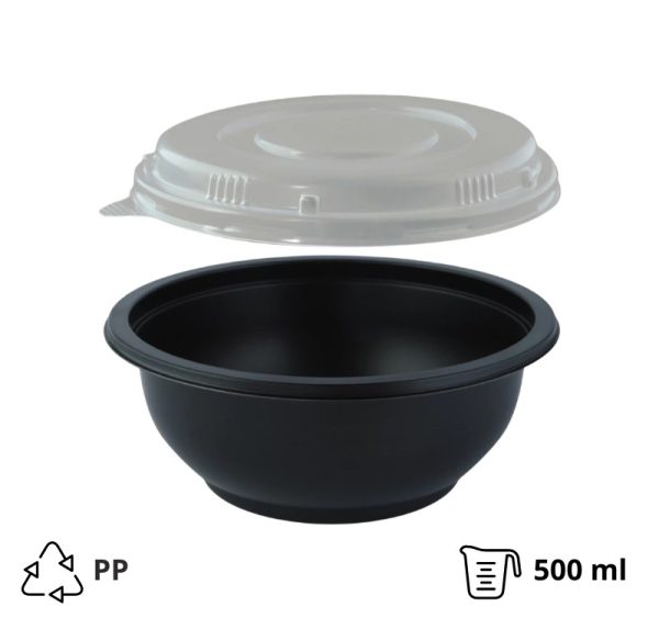 Posodica za juho s pokrovom PP 500 ml d=145 mm h=60 mm, črna 50 kos (komplet)