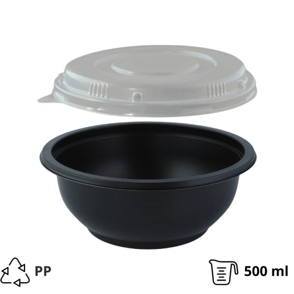Posodica za juho s pokrovom PP 500 ml d=145 mm h=60 mm, črna 50 kos (komplet)