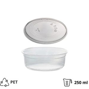 Posodica PET s pokrovom 250ml DELI d=117mm, h=45mm prozorna, 50 kos (komplet)