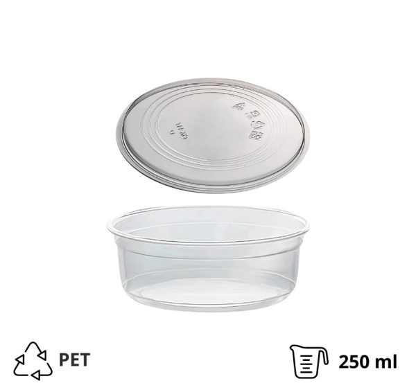 Posodica PET s pokrovom 250ml DELI d=117mm, h=45mm prozorna, 50 kos (komplet)