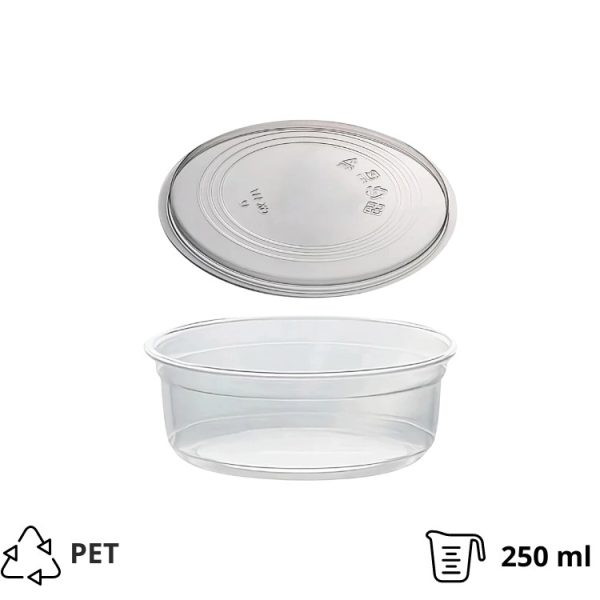 Posodica PET s pokrovom 250ml DELI d=117mm, h=45mm prozorna, 50 kos (komplet)
