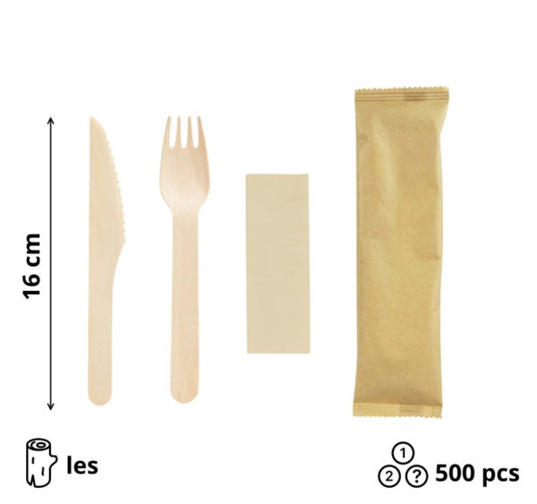 Komplet 3 leseni (vilica, nož, servieta) 16cm 500 kos