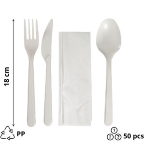 Komplet 4 beli PP (vilica, nož, žlička, servieta) 18 сm 50 kos