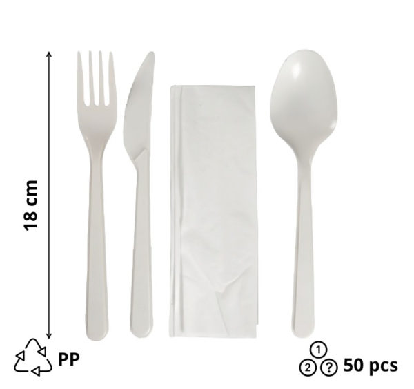 Komplet 4 beli PP (vilica, nož, žlička, servieta) 18 сm 50 kos