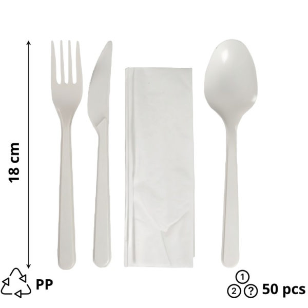 Komplet 4 beli PP (vilica, nož, žlička, servieta) 18 сm 50 kos