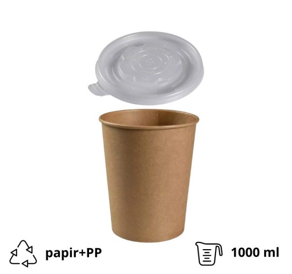 Papirnata posoda 1000 ml d=115 mm h=136 mm, kraft, s pokrovom 250 kos (komplet)