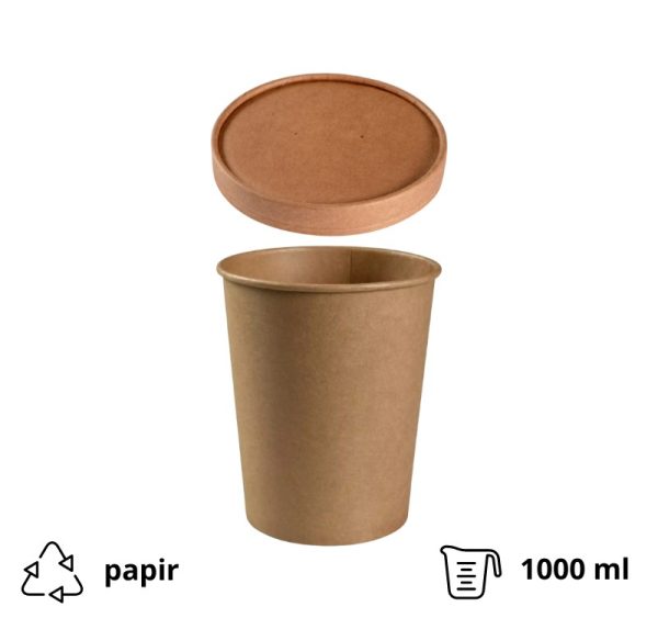 Papirnata posoda 1000 ml d=115 mm h=136 mm, kraft, s pokrovom 250 kos (komplet)