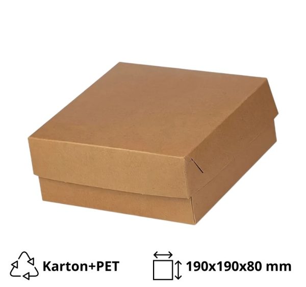 Škatla s pokrovom za sladice 19x19x8 cm KRAFT (notranja metalizirana  PET) [15 kos/pak]