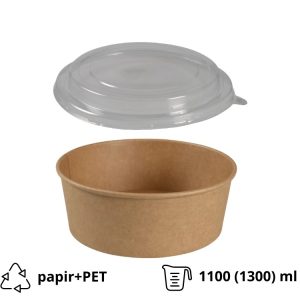 Papirnata posoda 1100 (1300) ml d=190 mm h=66 mm, kraft, s pokrovom, 50 kos (komplet)