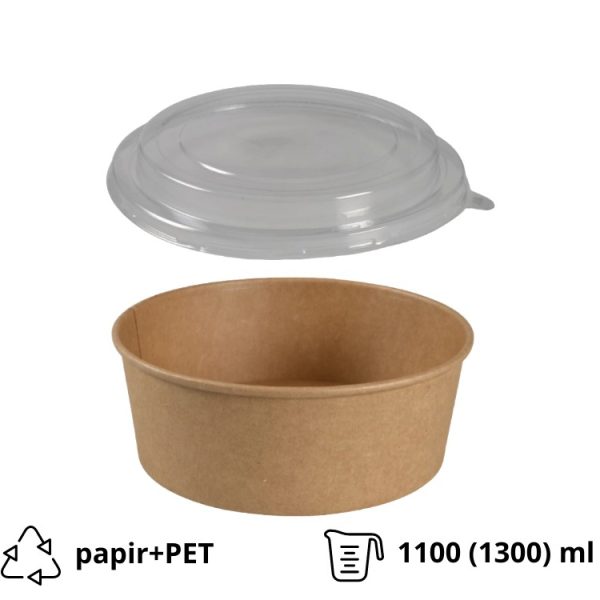 Papirnata posoda 1100 (1300) ml d=190 mm h=66 mm, kraft, s pokrovom, 50 kos (komplet)