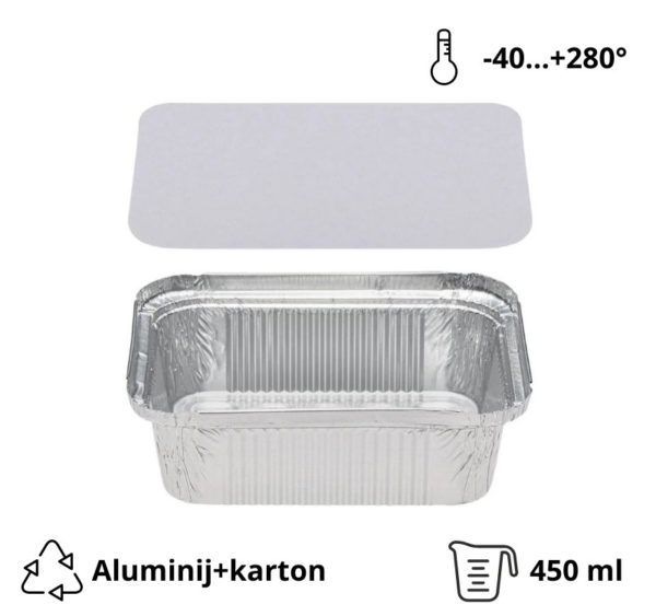 Alu posodica s pokrovom 450 ml 146x121x40mm 100 kos (komplet)
