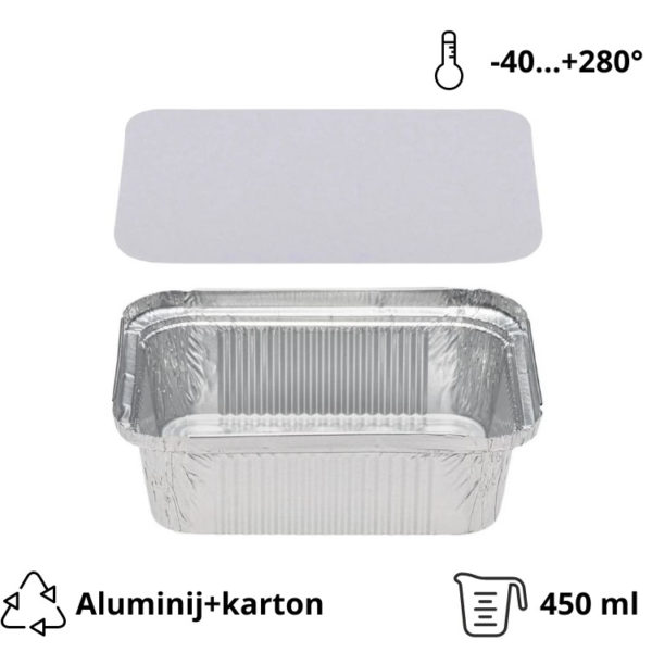Alu posodica s pokrovom 450 ml 146x121x40mm 100 kos (komplet)