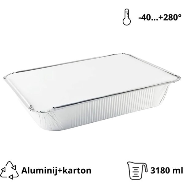 Alu posodica s pokrovom 3180 ml 322x260x50mm, 100 kos (komplet)