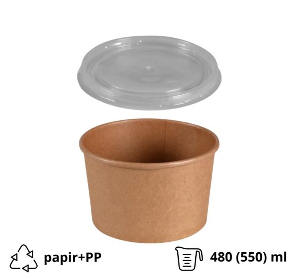 Papirnata posoda 480 (550) ml d=110 mm h=70 mm, kraft, s pokrovom, 50 kos (komplet)