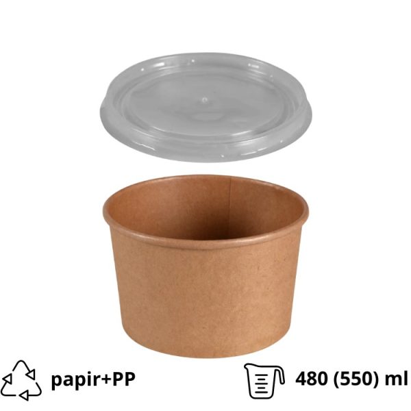Papirnata posoda 480 (550) ml d=110 mm h=70 mm, kraft, s pokrovom, 50 kos (komplet)
