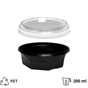 Posodica PET 200 ml d=116 mm h=38 mm črna s pokrovom, 100 kos (komplet)