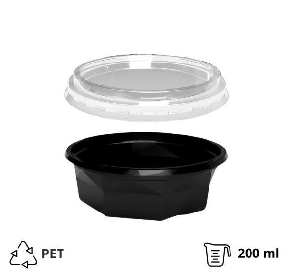 Posodica PET 200 ml d=116 mm h=38 mm črna s pokrovom, 100 kos (komplet)