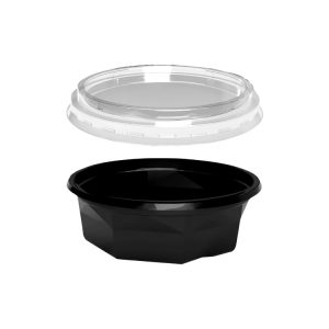 Posodica PET 200 ml d=116 mm h=38 mm črna s pokrovom, 100 kos (komplet)