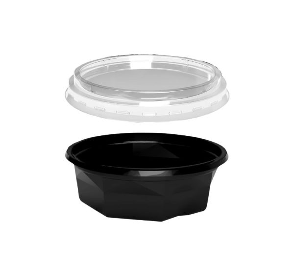 Posodica PET 200 ml d=116 mm h=38 mm črna s pokrovom, 100 kos (komplet)