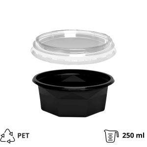 Posodica PET 250 ml d=116 mm h=45 mm črna s pokrovom, 100 kos (komplet)