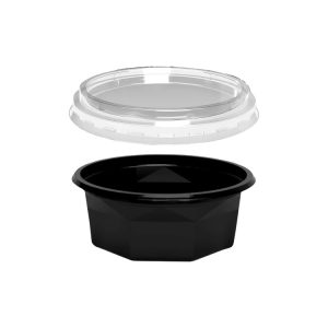 Posodica PET 250 ml d=116 mm h=45 mm črna s pokrovom, 100 kos (komplet)