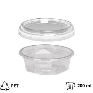 Posodica PET 200 ml d=116 mm h=38 mm prozorna s pokrovom,100 kos (komplet)