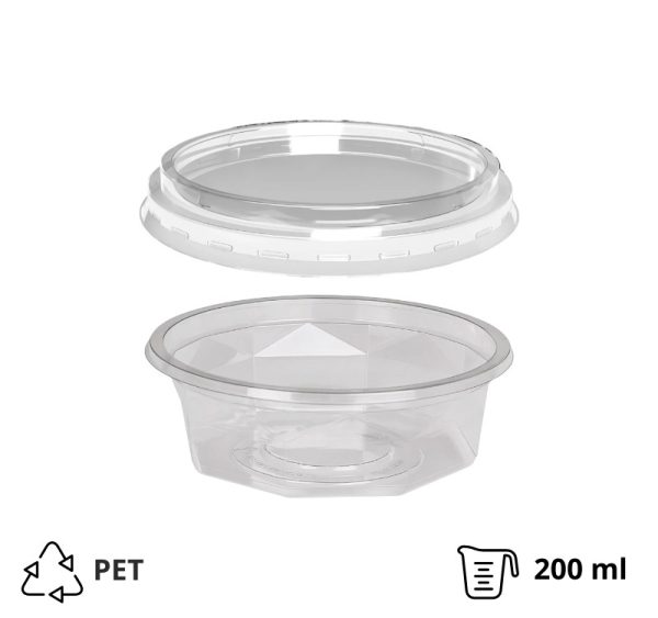 Posodica PET 200 ml d=116 mm h=38 mm prozorna s pokrovom,100 kos (komplet)